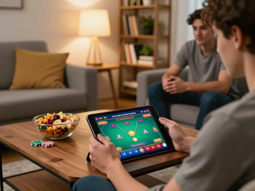 FLY88 user strategizing online casino gameplay on tablet in cozy home setup