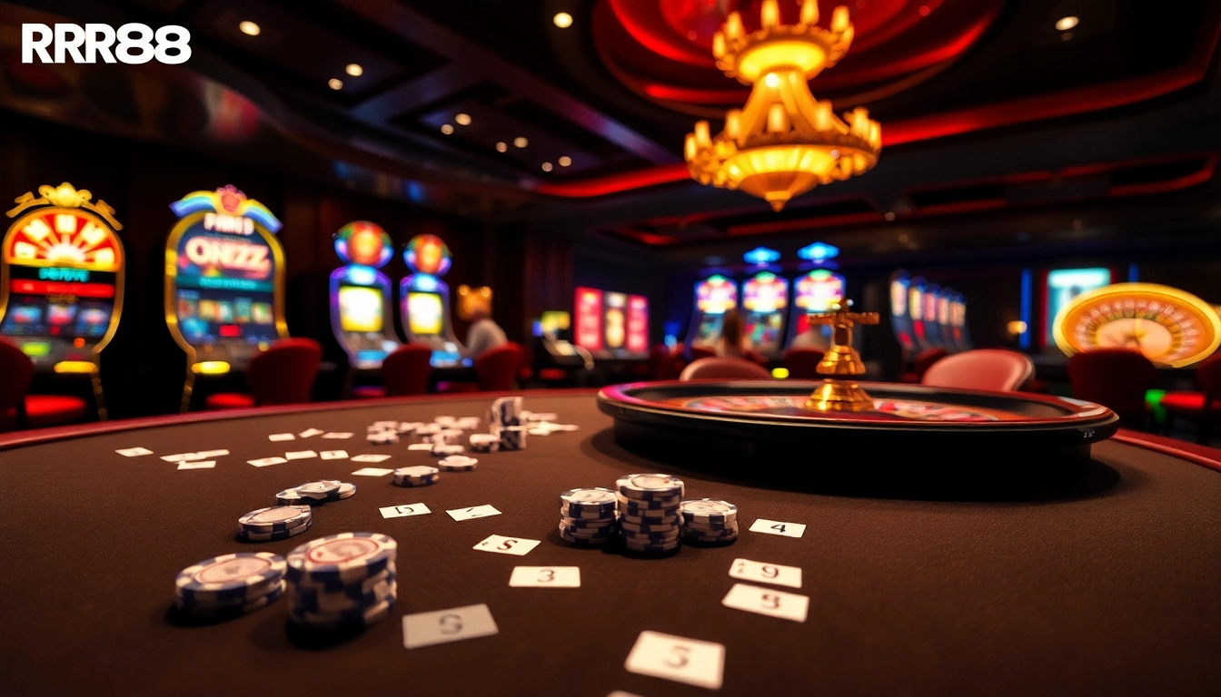 Dynamic casino gaming experience at nhà cái RR88 featuring poker and slot machines.