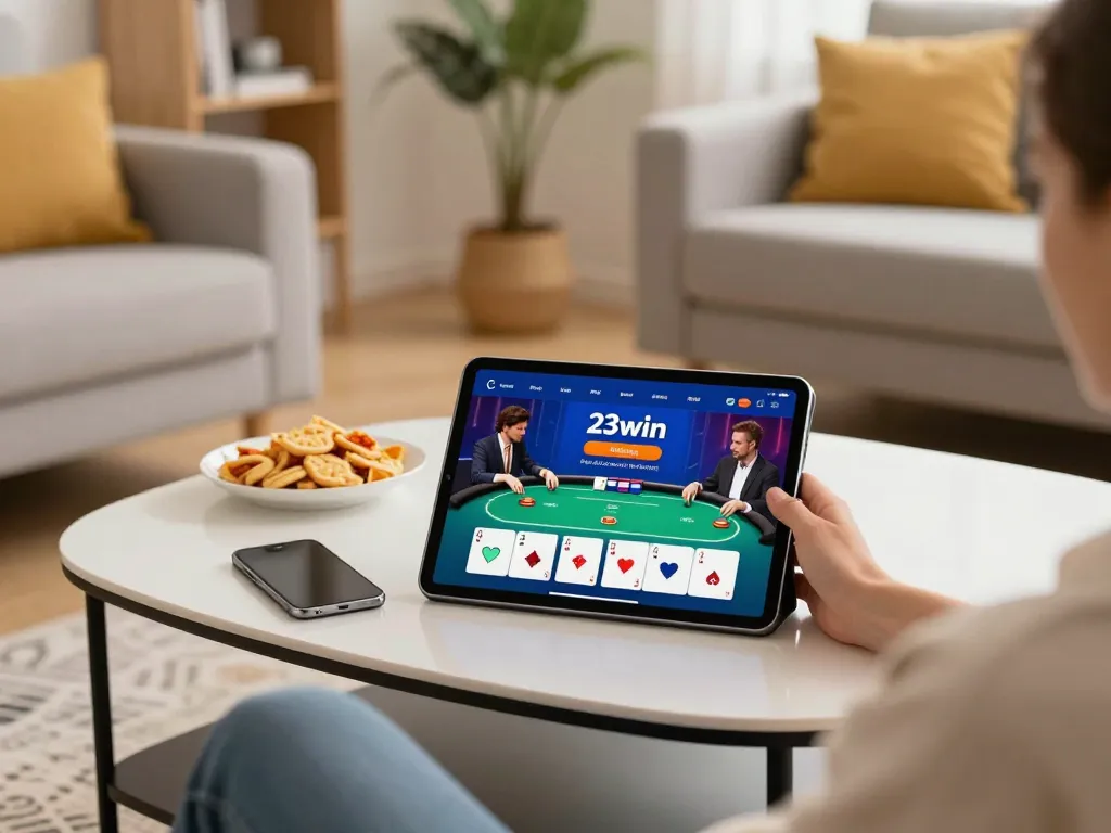 Engaging with the 23win app on a tablet during a cozy home gaming session.
