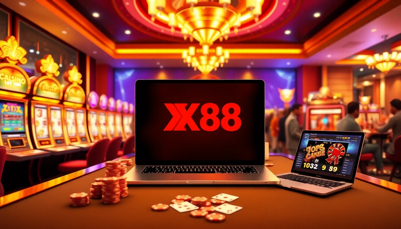 Exciting online gambling interface at XX88 with poker chips, slots, and roulette wheel.