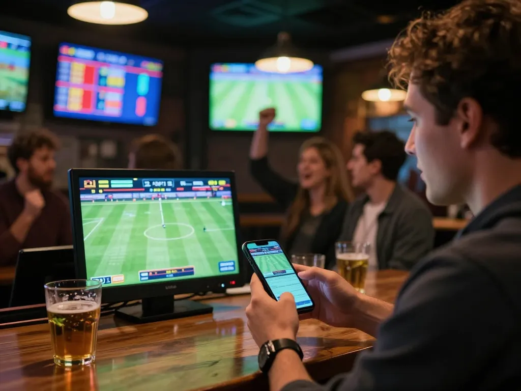 Sports betting excitement with tỷ lệ cá cược visible on smartphones in a vibrant bar setting