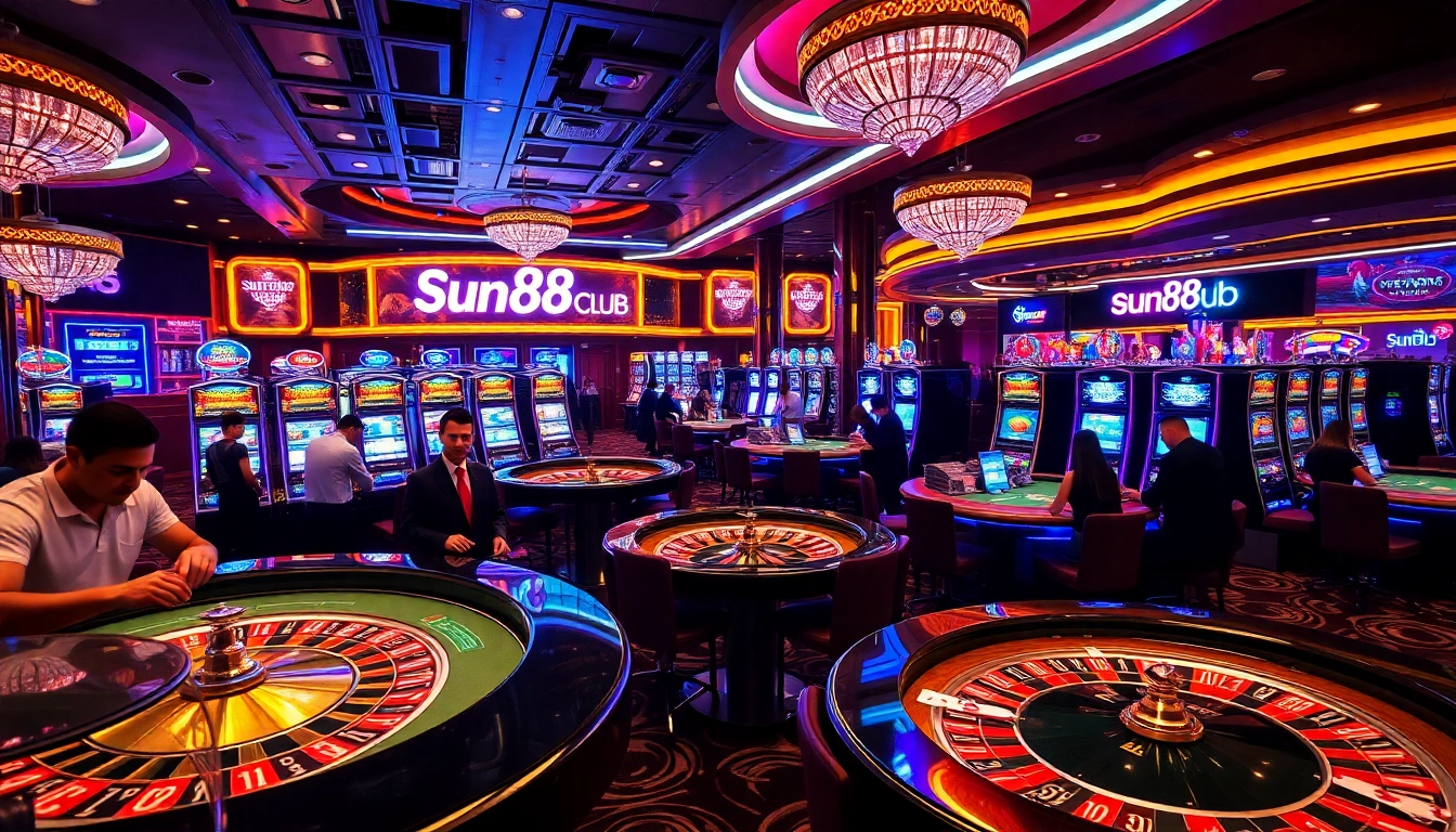 Players enjoying thrilling games at the sun88 club, featuring roulette tables and vibrant slot machines.