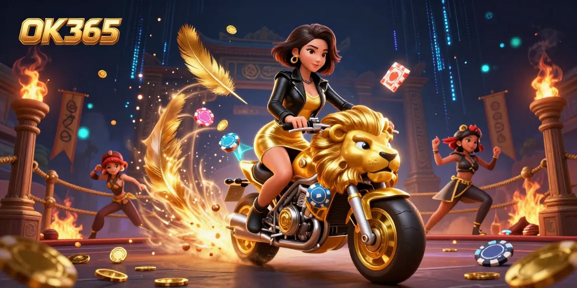 Experience the vibrant excitement of OK365's online casino with a dynamic golden lion and thrilling gaming elements.