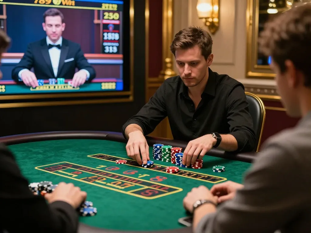 Player engaging with 789Win live dealer game, vibrant colors and focused atmosphere in online casino