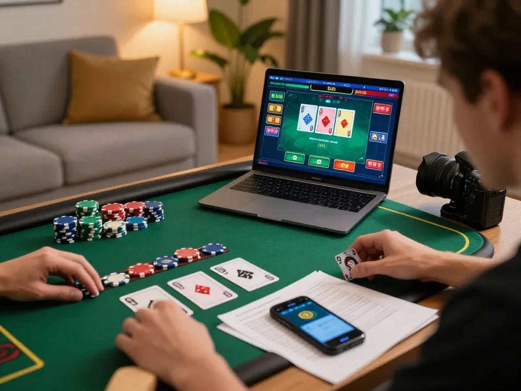 Player engaging with the 577F online casino on a laptop surrounded by gaming notes and chips.