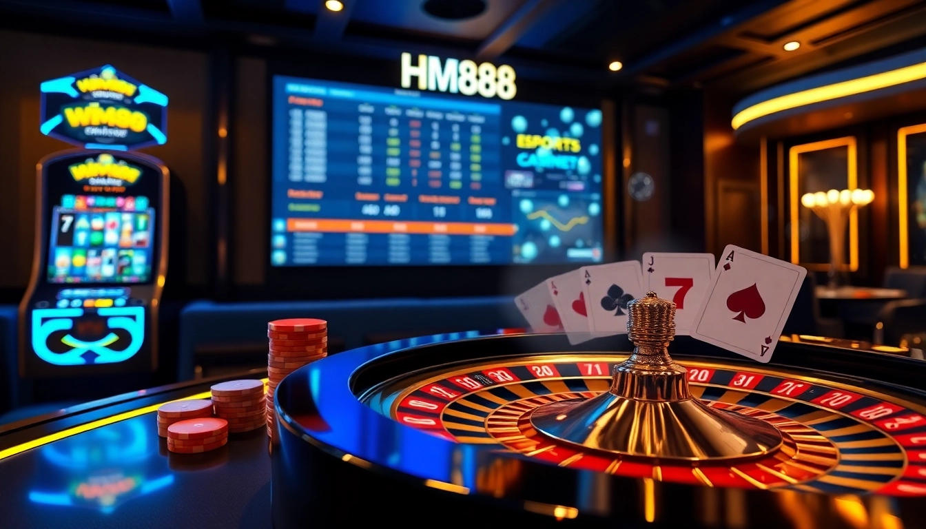 HM88 online casino showcasing dynamic betting action with poker chips, slots, and live esports odds