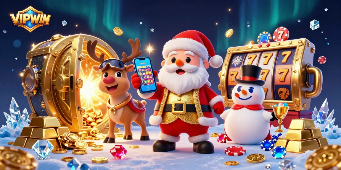 Experience VIPWIN's thrilling jackpot slots with Santa, his reindeer, and a poker-chip snowman in a vibrant casino.
