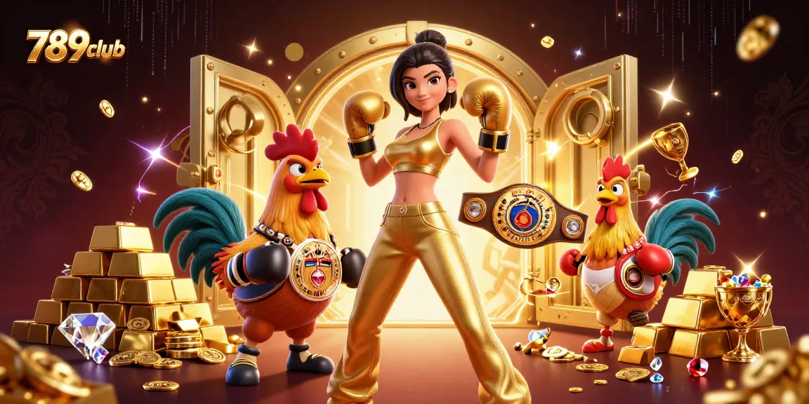 Win big at 789club with a stunning illustration showcasing a powerful woman and championship rooster in a casino setting.