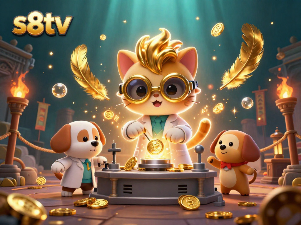 Experience s8tv thrills with a dynamic 3D casino scene showcasing a mad scientist cat and dog amidst gold coins.