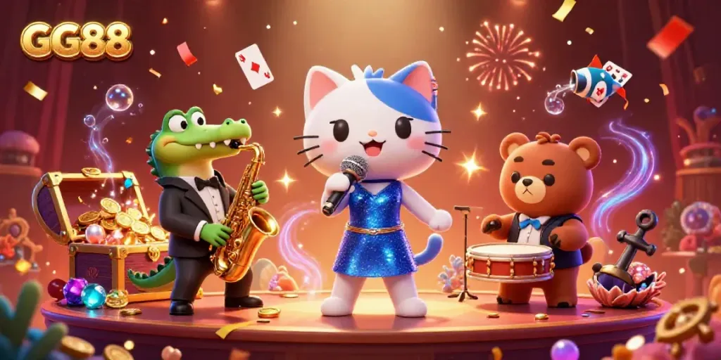 Experience the excitement of GG88's casino with a lively 3D scene featuring cartoon animals celebrating with gold coins and playing cards.