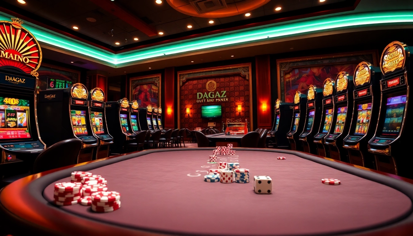 Engaging scene highlighting gambling excitement at https://dagaz.com.co/ with luxurious casino tables and slot machines.