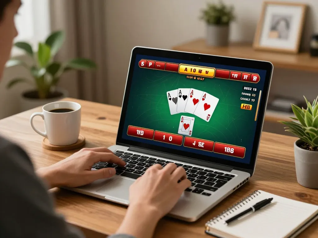 789Win online gaming setup highlighting poker gameplay on a laptop with strategic notes.