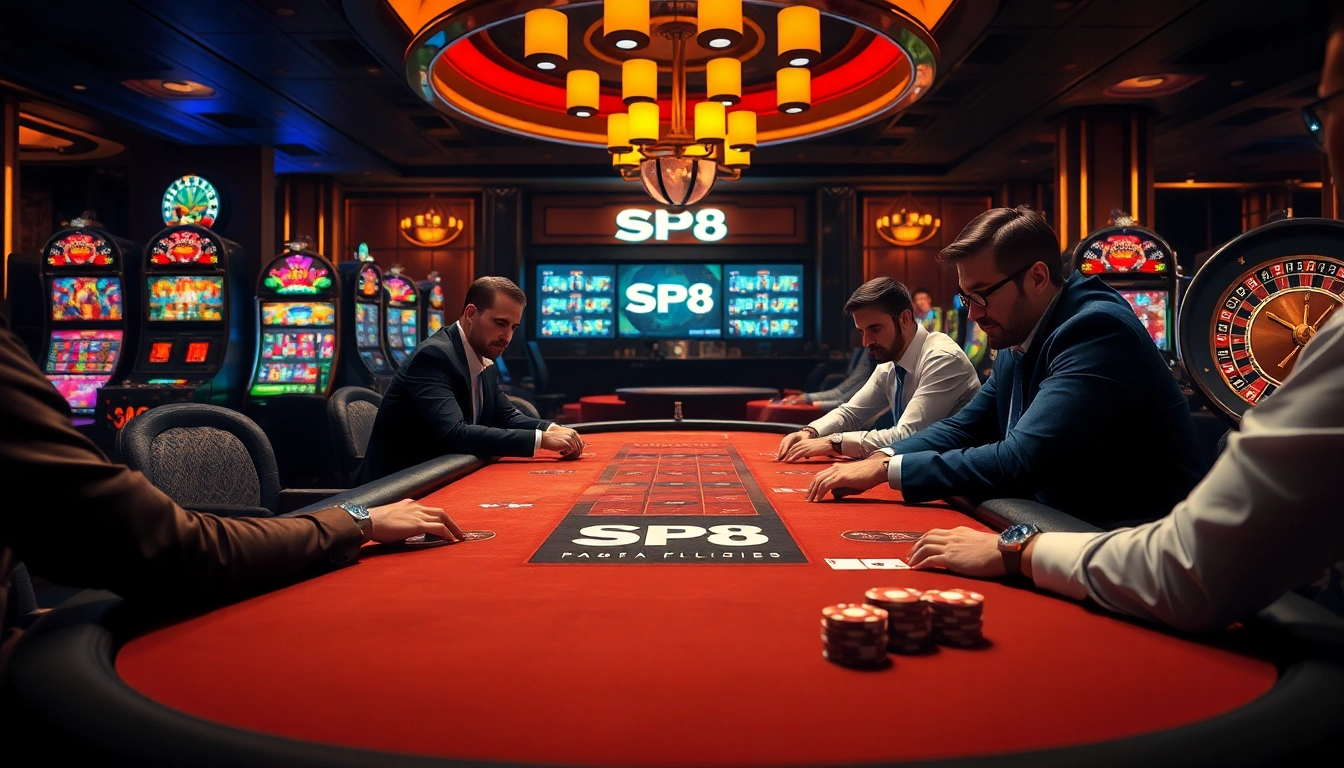 SP8 players strategizing at a luxurious poker table in a vibrant casino setting.