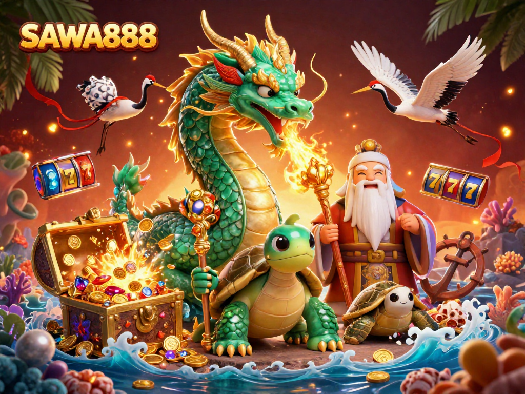Play thrilling slots at SAWA888 with a jade dragon and lucky cranes amidst dynamic casino elements and treasure.