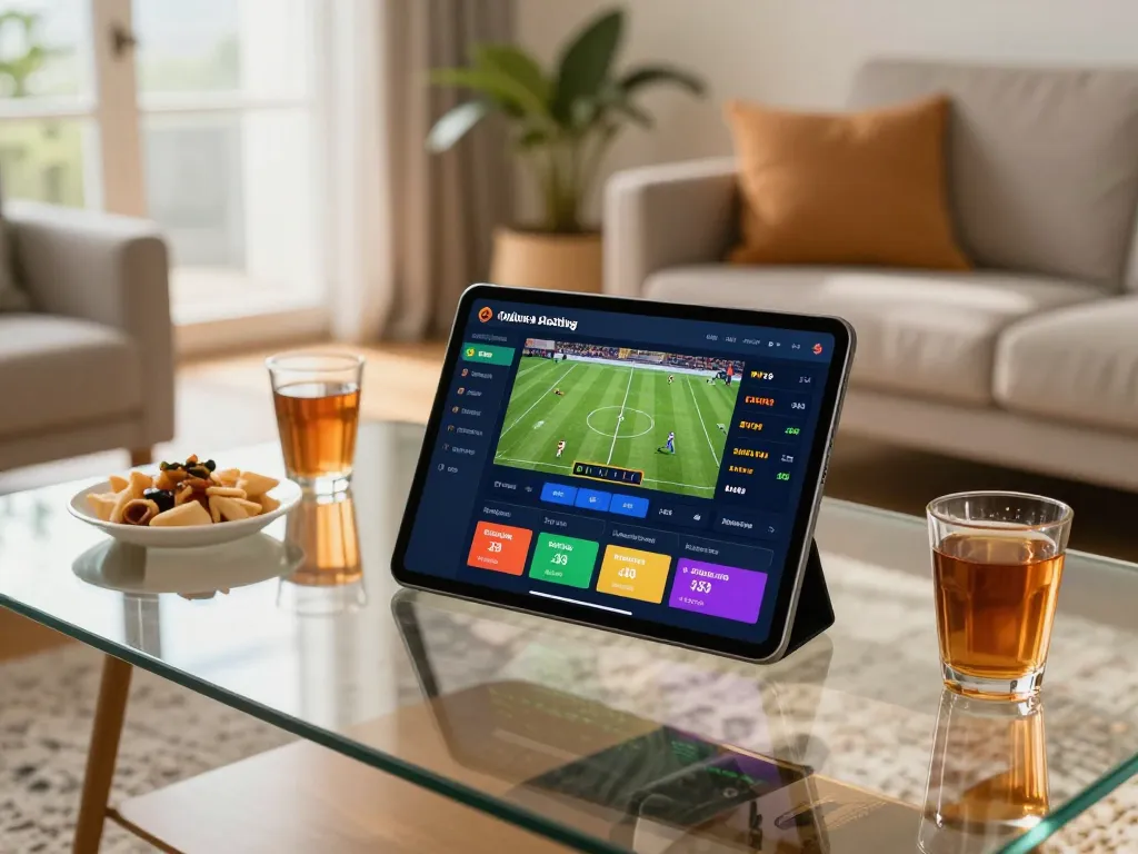 Kèo bóng đá trực tuyến displayed on a tablet during a casual betting session in a cozy living room.