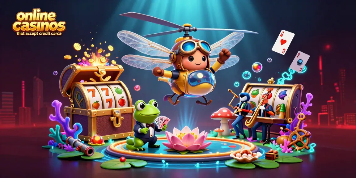 Engage with online casinos that accept credit cards, featuring a frog croupier and vibrant casino scene.