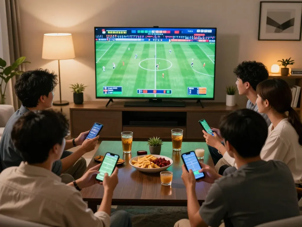 Friends engaging in sports betting on keo nha cai using smartphones in a lively gathering.