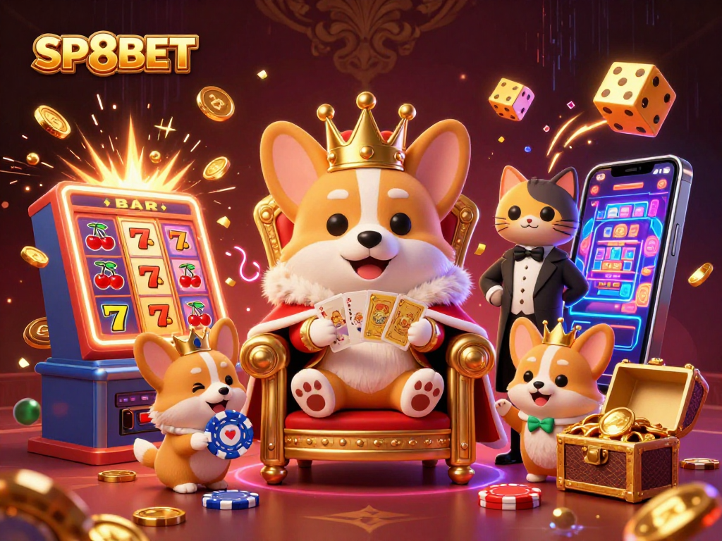 SP8BET offers a vibrant casino experience with a royal corgi and luxurious game elements.