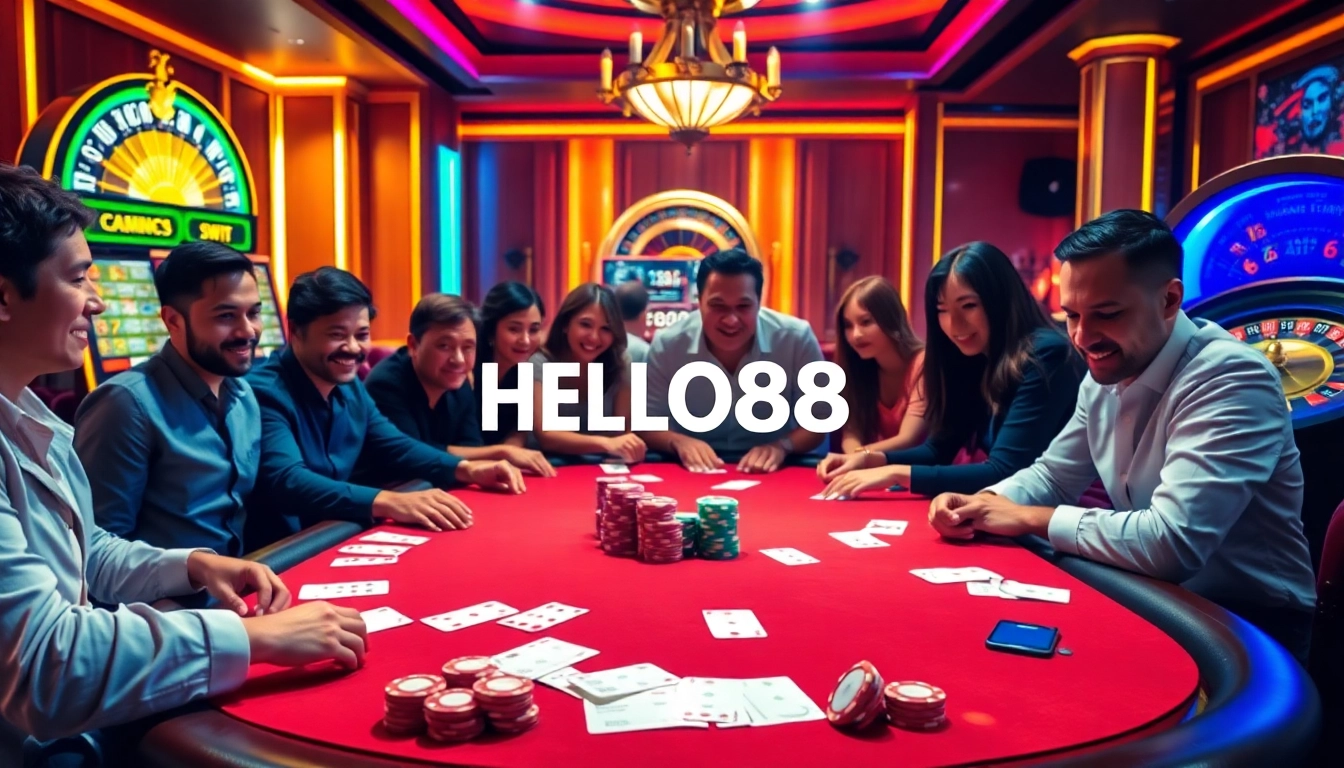 Excited players at a HELLO88 poker table with chips, cards, and casino excitement.