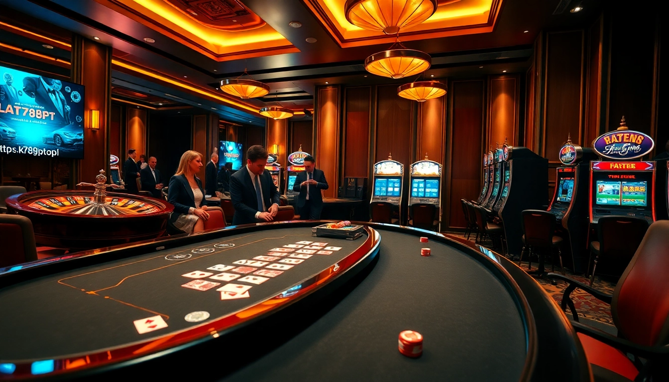 Engaging gamblers at a vibrant casino table scene featuring poker, roulette, and slot machines from https://k789p.top/.