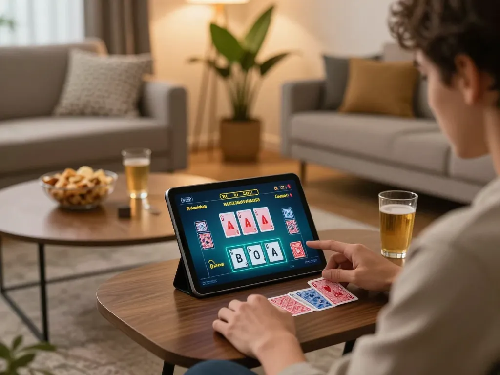 U888 player enjoying Blackjack on tablet in cozy living room, showcasing strategic gameplay