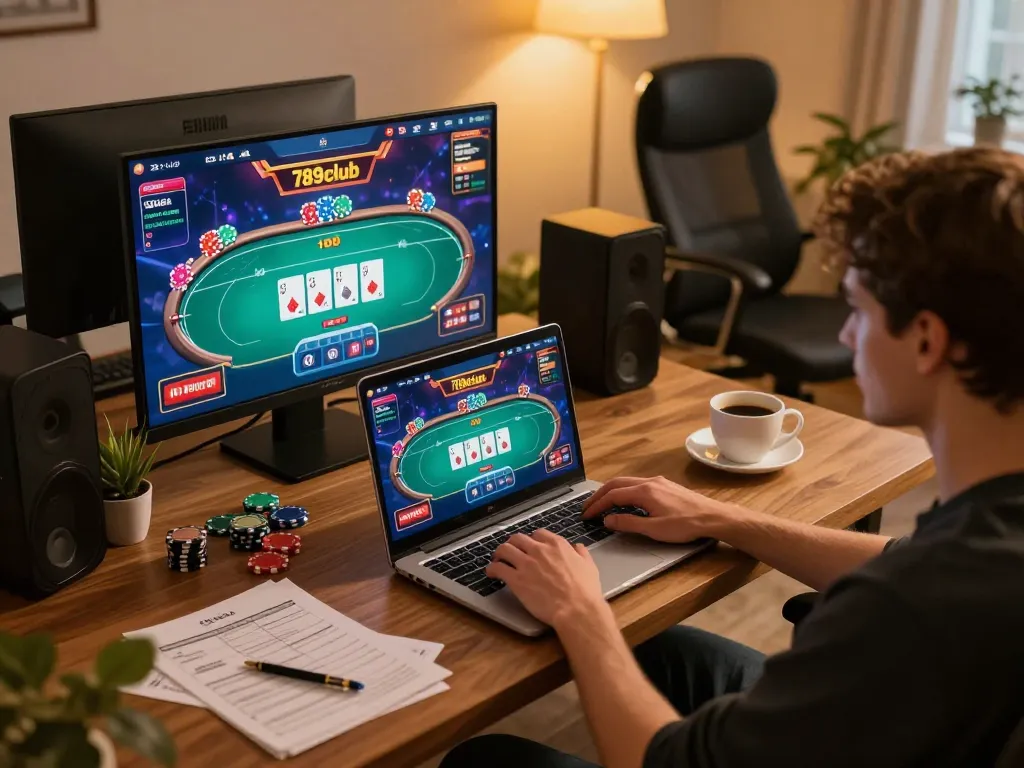 Player engaging in a thrilling poker game on 789club with an inviting home setup and warm lighting