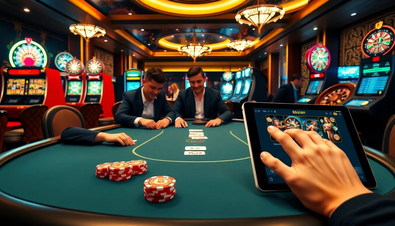 Engaging scene of players enjoying the game 98win at a luxurious casino table.