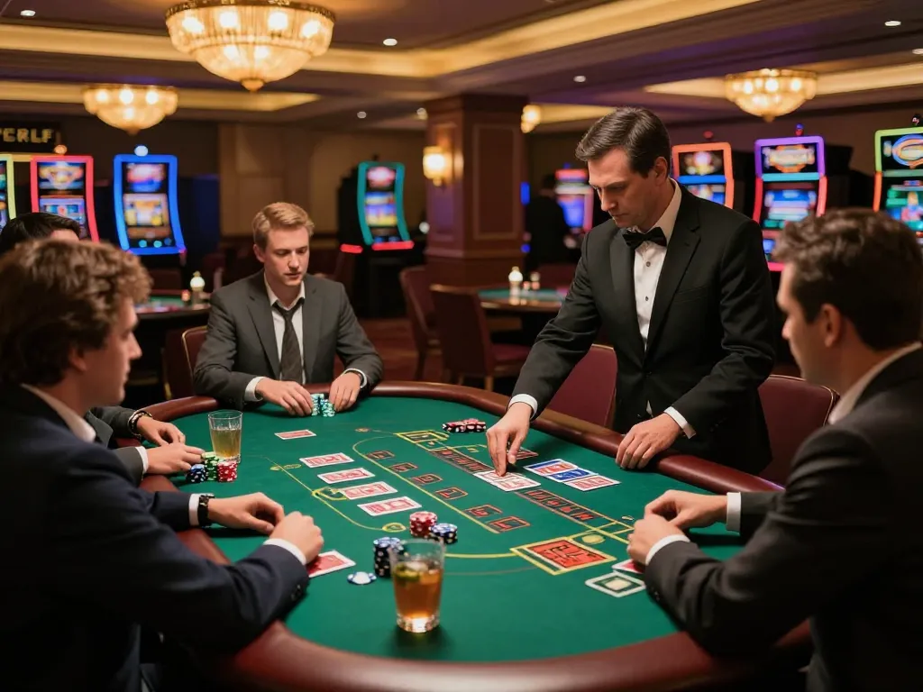 Players strategizing at an elegant blackjack table at 88คลับ casino, vibrant evening lighting enhances the dynamic atmosphere.