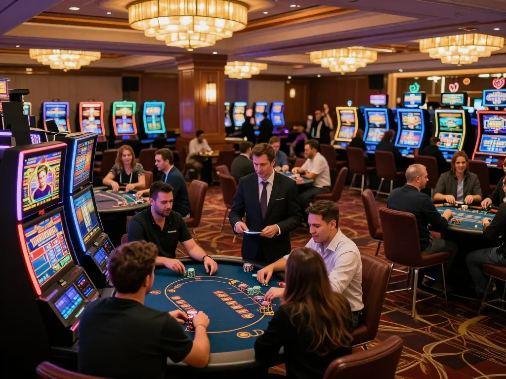 7M engaging players at vibrant casino tables, showcasing exciting gameplay in a luxurious setting