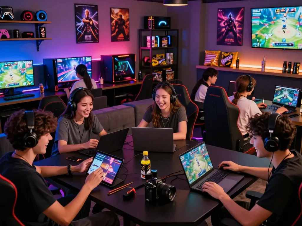 Players enjoying games on DA88.com at a vibrant gaming lounge with dynamic atmosphere.