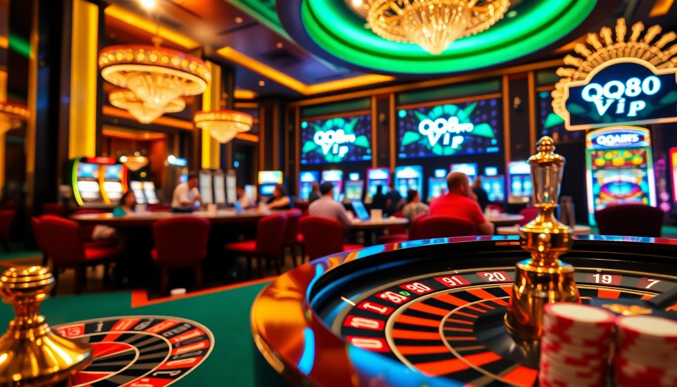 Experience thrilling gameplay at QQ88pro Vip with vibrant casino tables and luxurious atmosphere.