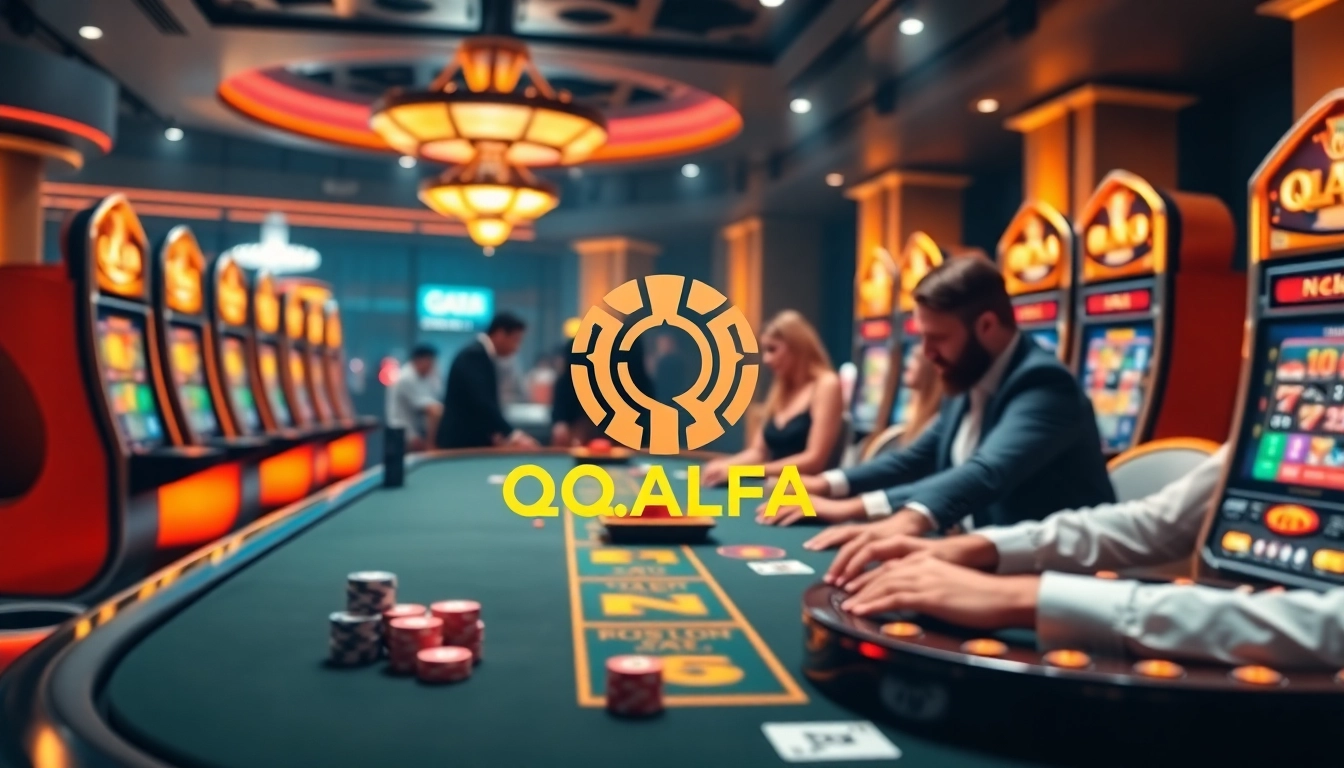 Players engaging with QQALFA's exciting casino games at a vibrant table filled with chips and cards.