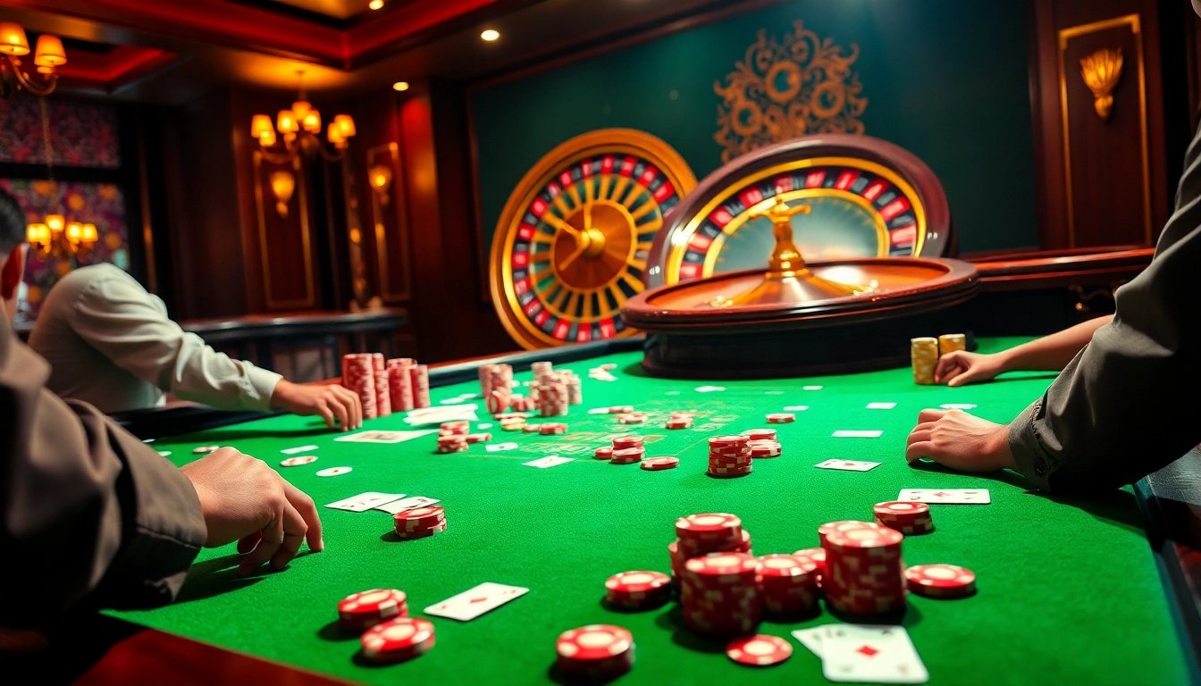Experience the excitement of 68 game bài with vibrant poker chips and a dazzling roulette wheel.