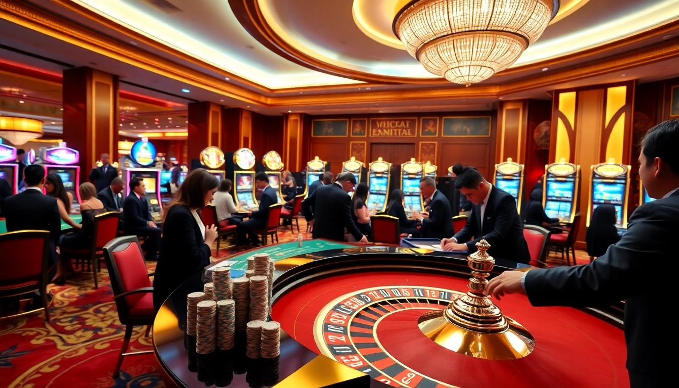 Engaging players at 555win enjoy roulette and slot machines in a luxurious casino setting.