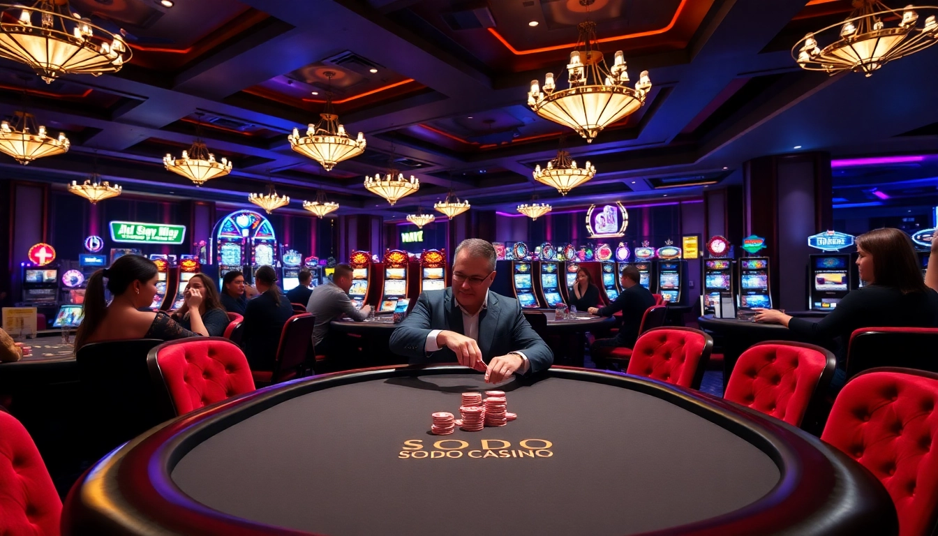 Exciting gaming action at SODO CASINO with players at a vibrant poker table.