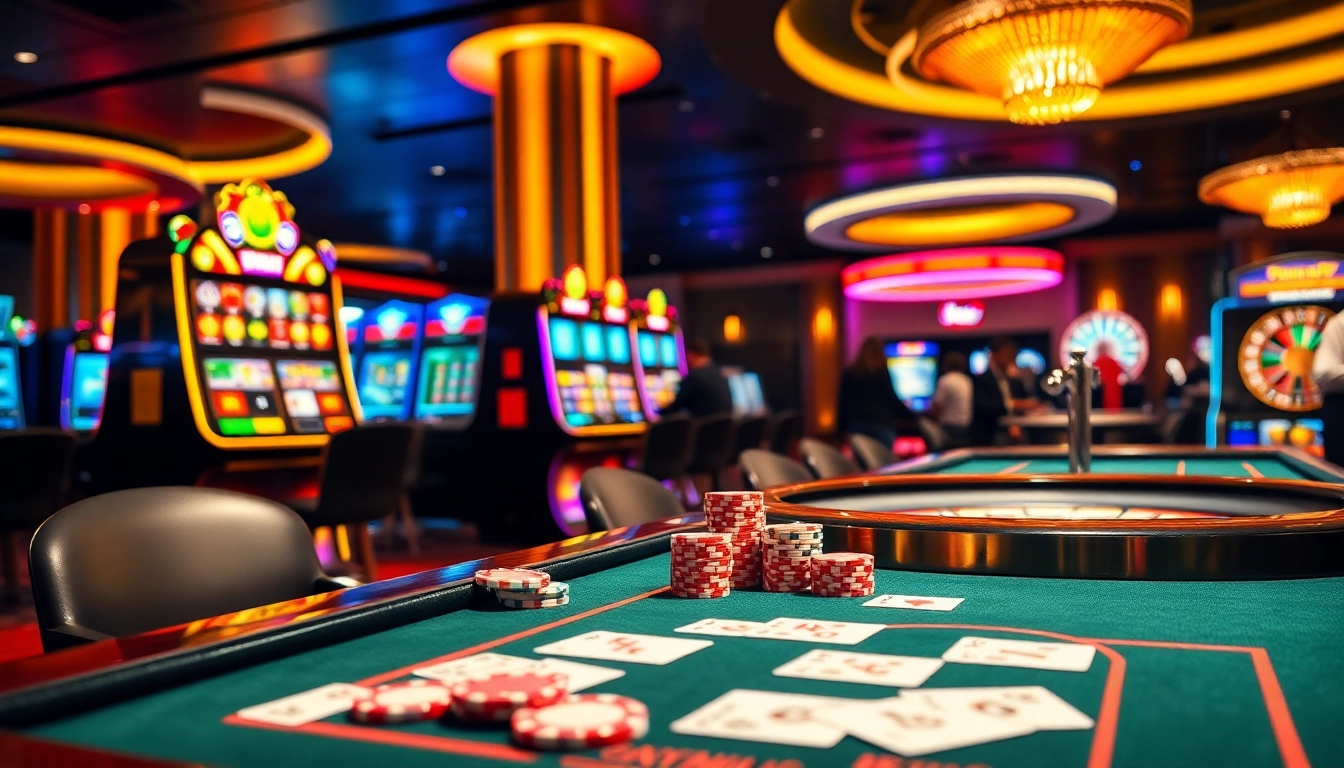 Exciting casino action showcasing 678VIP with poker chips and vibrant slot machines.