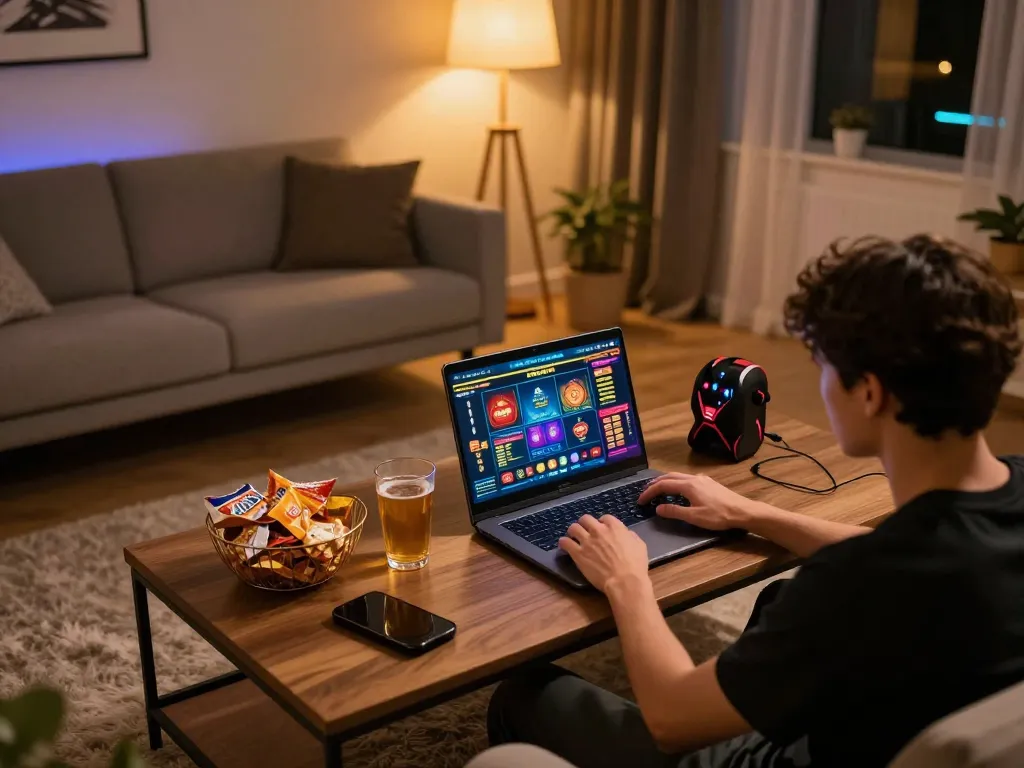 Player enjoying online casino games on laptop, experiencing f8betz gaming excitement in a cozy environment.