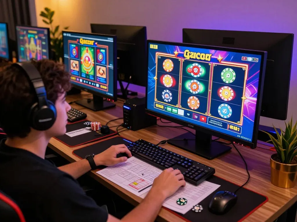 Engaging moment of a player enjoying slot gacor on an online gaming setup, with colorful graphics and strategy notes visible.
