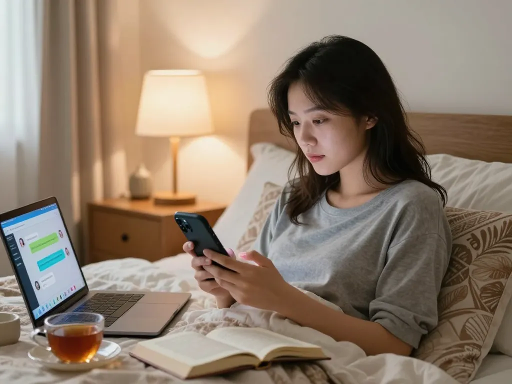 Engaging in AI sex chat on a smartphone in a cozy bedroom setting.