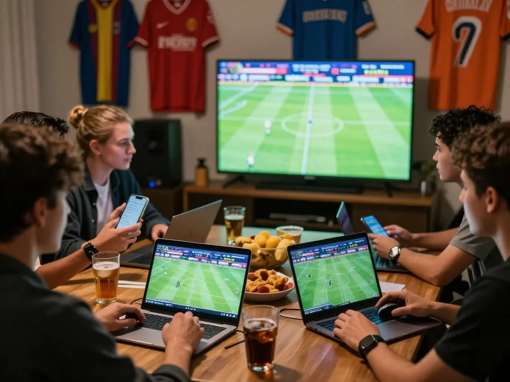 Friends enjoying a lively sports betting environment while checking keo nha cai on their devices during a live football match.