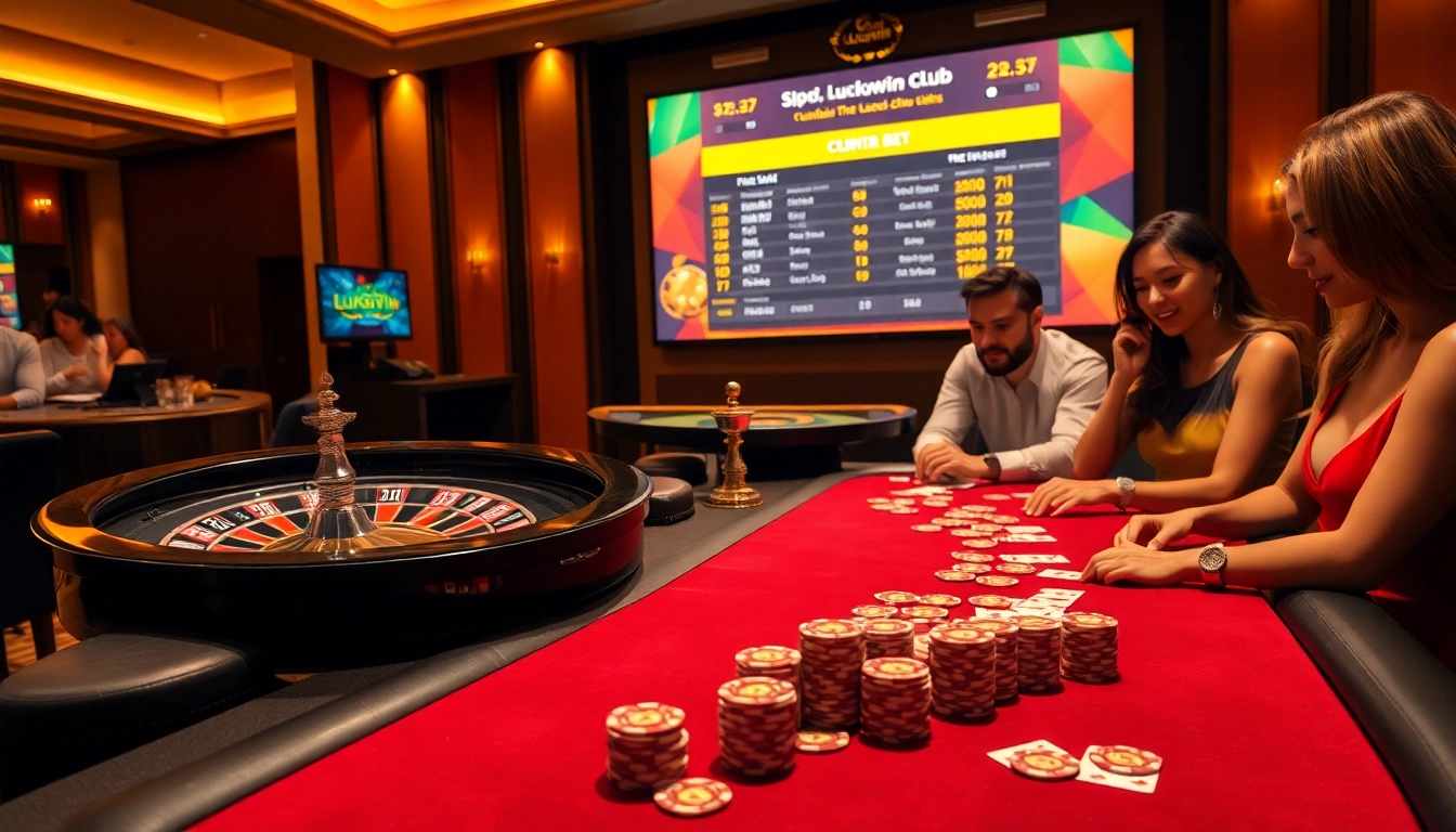 Experience the thrill of the Luckywin club with an engaging poker table and roulette wheel.