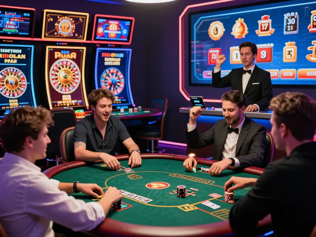 Dynamic online gambling scene with players at a virtual poker table and glowing graphics representing gem88 casino