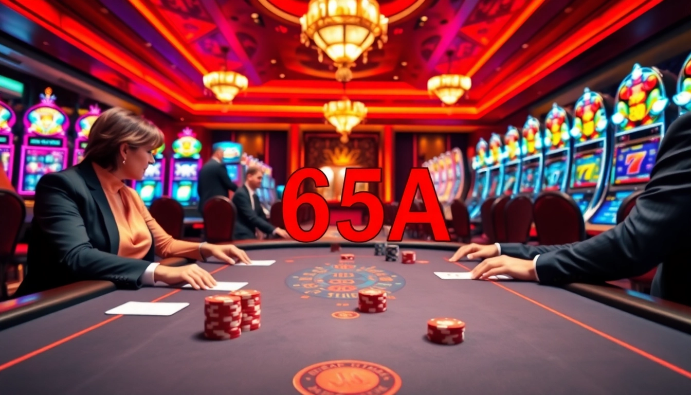 High-stakes poker game at 65A casino with vibrant slot machines and elegant decor.