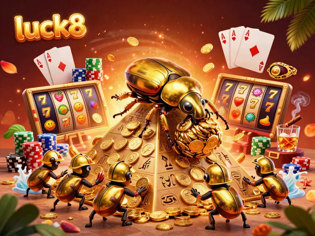 Experience thrilling gameplay with luck8, featuring dynamic casino symbols and a golden dung beetle in action.