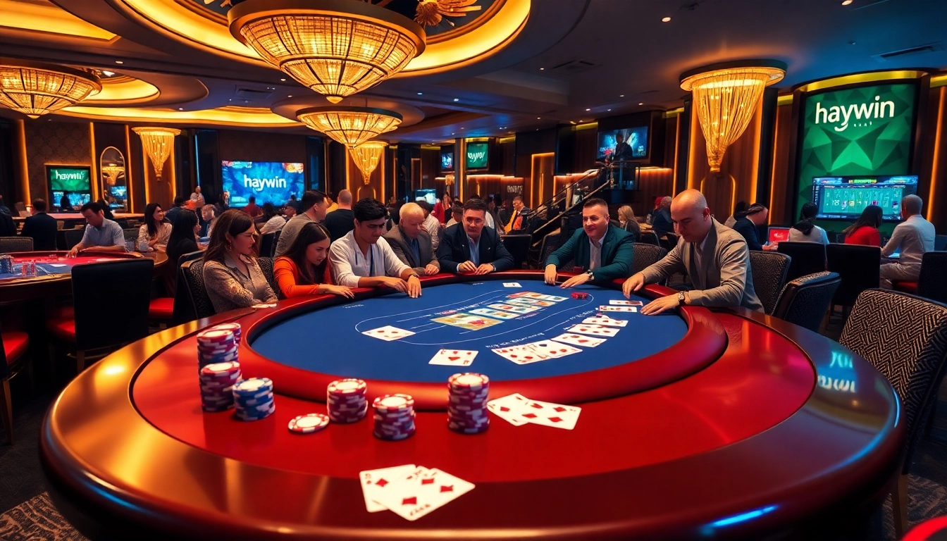 Haywin poker table scene featuring vibrant chips and excited gamblers celebrating wins.