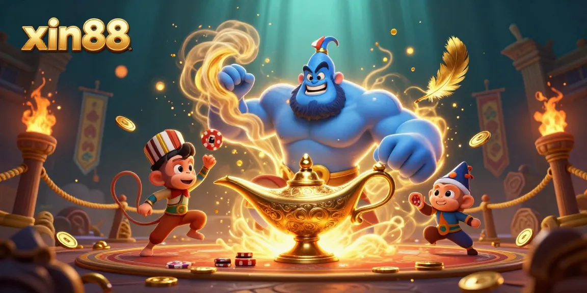 Engage in thrilling adventures at xin88 with a vibrant scene of a genie, monkey, and magic carpet laden with poker chips.