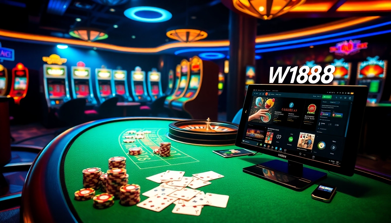 Experience thrilling gameplay at W188 with vibrant casino tables and dynamic slot machines.