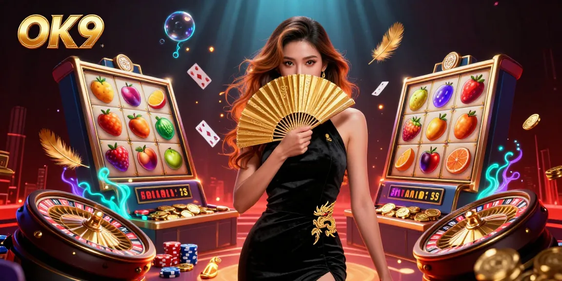 Spin the reels at OK9 with a stunning Asian dealer amidst a vibrant casino setting.
