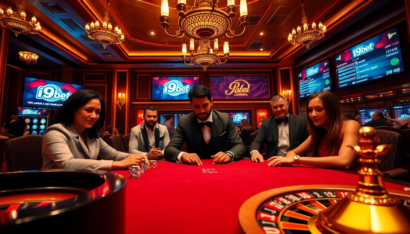 Experience the excitement of i9bet with players at a high-stakes poker table in a luxurious casino setting.