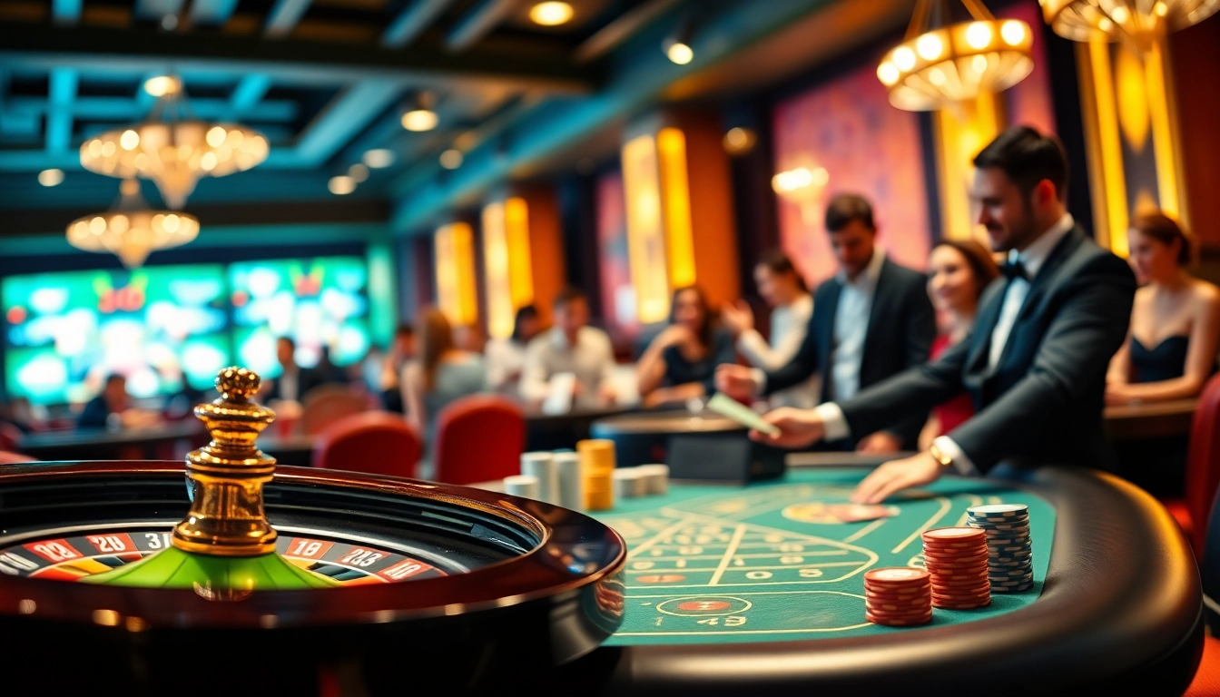 Experience strategic gameplay at uu88 with a luxurious casino scene featuring roulette, poker, and blackjack.